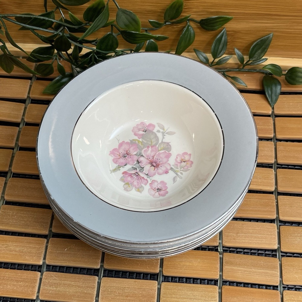 Vtg 1953 Homer Laughlin Cavalier Eggshell Dessert Bowl Set CV17 Gray Floral READ